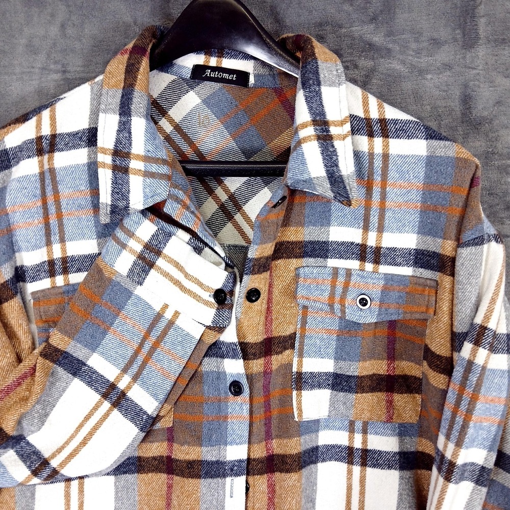Automet Shirt Womens 10 Brown Blue Plaid‎ Button Down Flannel Shacket Top
